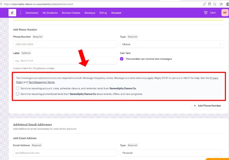 Presently customer portal screenshot showing where to change text-message preferences