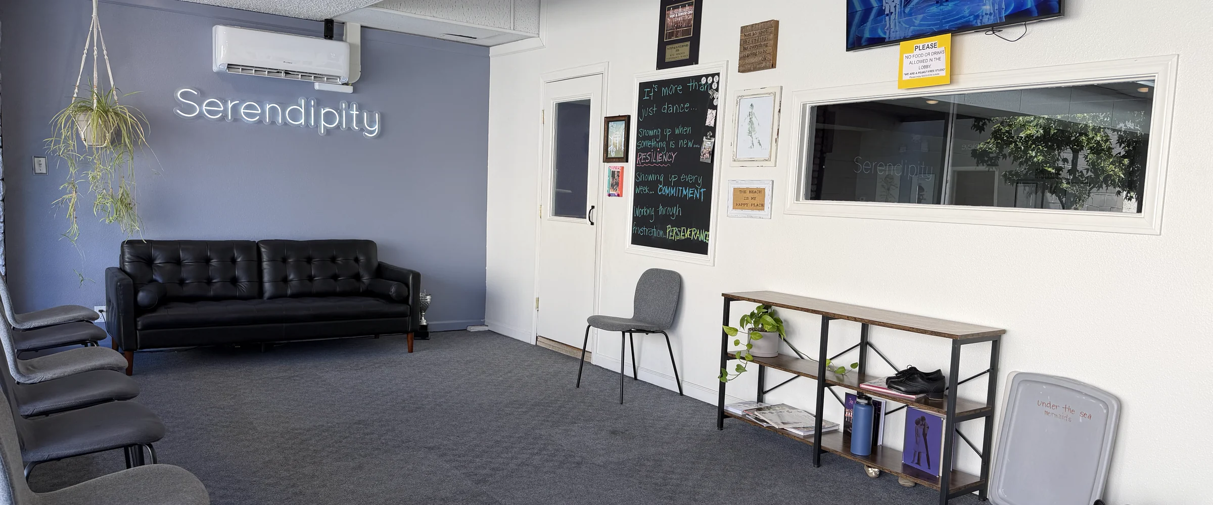 The Serendipity lobby with seating and the studio name on the wall